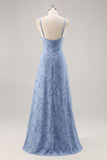 Dusty Blue A-Line Floral Burnout Maxi Bridesmaid Dress with Slit
