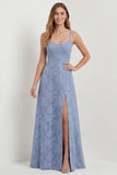 Dusty Blue A-Line Floral Burnout Maxi Bridesmaid Dress with Slit