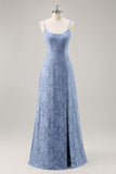 Dusty Blue A-Line Floral Burnout Maxi Bridesmaid Dress with Slit
