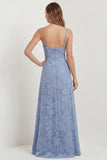 Dusty Blue A-Line Floral Burnout Maxi Bridesmaid Dress with Slit