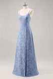 Dusty Blue A-Line Floral Burnout Maxi Bridesmaid Dress with Slit