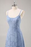 Dusty Blue A-Line Floral Burnout Maxi Bridesmaid Dress with Slit