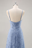 Dusty Blue A-Line Floral Burnout Maxi Bridesmaid Dress with Slit