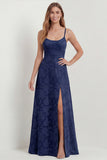 Dusty Blue A-Line Floral Burnout Maxi Bridesmaid Dress with Slit