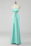 Mint Green Sheath Spaghetti Straps Long Bridesmaid Dress with Open Back