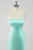 Mint Green Sheath Spaghetti Straps Long Bridesmaid Dress with Open Back
