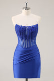 Royal Blue Strapless Corset Ruched Sequins Short Tight Homecoming Dress