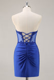 Royal Blue Strapless Corset Ruched Sequins Short Tight Homecoming Dress