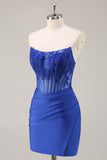 Royal Blue Strapless Corset Ruched Sequins Short Tight Homecoming Dress