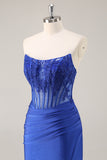 Royal Blue Strapless Corset Ruched Sequins Short Tight Homecoming Dress
