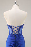 Royal Blue Strapless Corset Ruched Sequins Short Tight Homecoming Dress