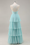 A-Line Spaghetti Straps Pleated Tiered Floor Length Chiffon Bridesmaid Dress