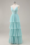 A-Line Spaghetti Straps Pleated Tiered Floor Length Chiffon Bridesmaid Dress