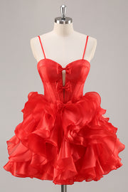 Red A Line Corset Keyhole Ruffle Short Homecoming Dress With Bows