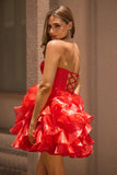 Red A-Line Strapless Corset Keyhole Tiered Short Homecoming Dress with Ruffles