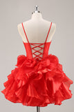 Red A-Line Strapless Corset Keyhole Tiered Short Homecoming Dress with Ruffles