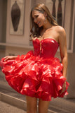 Red A-Line Strapless Corset Keyhole Tiered Short Homecoming Dress with Ruffles