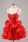 Red A Line Corset Keyhole Ruffle Short Homecoming Dress With Bows