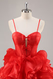 Red A Line Corset Keyhole Ruffle Short Homecoming Dress With Bows