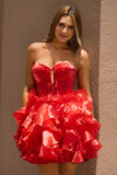 Red A-Line Strapless Corset Keyhole Tiered Short Homecoming Dress with Ruffles