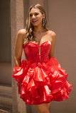 Red A-Line Strapless Corset Keyhole Tiered Short Homecoming Dress with Ruffles