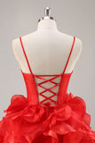 Red A Line Corset Keyhole Ruffle Short Homecoming Dress With Bows