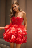 Red A-Line Strapless Corset Keyhole Tiered Short Homecoming Dress with Ruffles