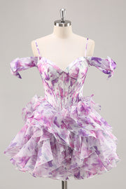 Purple A Line Cold Shoulder Printed Corset Short Homecoming Dress With Ruffles