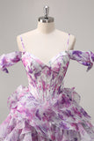 Purple A Line Cold Shoulder Printed Corset Short Homecoming Dress With Ruffles