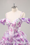Purple A Line Cold Shoulder Printed Corset Short Homecoming Dress With Ruffles
