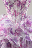 Purple A Line Cold Shoulder Printed Corset Short Homecoming Dress With Ruffles