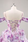 Purple A Line Cold Shoulder Printed Corset Short Homecoming Dress With Ruffles