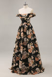 Black Flower A-Line Off The Shoulder Corset Ruched Long Prom Dress with Beading