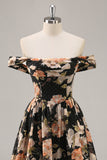 Black Flower A-Line Off The Shoulder Corset Ruched Long Prom Dress with Beading