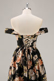 Black Flower A-Line Off The Shoulder Corset Ruched Long Prom Dress with Beading
