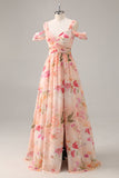 Pink Flower A-Line Cold Shoulder Long Bridesmaid Dress with Slit