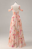 Pink Flower A-Line Cold Shoulder Long Bridesmaid Dress with Slit