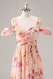 Pink Flower A-Line Cold Shoulder Long Bridesmaid Dress with Slit