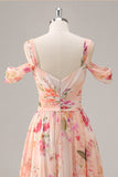 Pink Flower A-Line Cold Shoulder Long Bridesmaid Dress with Slit
