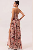 Dusty Rose Flower Fitted Corset Ruched Streamer Chiffon Long Bridesmaid Dress with Slit