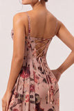 Dusty Rose Flower Fitted Corset Ruched Streamer Chiffon Long Bridesmaid Dress with Slit