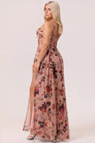 Dusty Rose Flower Fitted Corset Ruched Streamer Chiffon Long Bridesmaid Dress with Slit