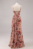 Dusty Rose Flower Fitted Corset Ruched Streamer Chiffon Long Bridesmaid Dress with Slit