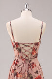 Dusty Rose Flower Spaghetti Straps Corset Ruched Long Bridesmaid Dress with Slit