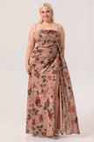 Dusty Rose Flower Fitted Corset Ruched Streamer Chiffon Long Plus Size Bridesmaid Dress with Slit