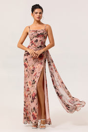 Dusty Rose Flower Fitted Corset Ruched Streamer Chiffon Long Bridesmaid Dress with Slit