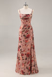 Dusty Rose Flower Sheath Corset Ruched Beaded Maxi Dress with Slit
