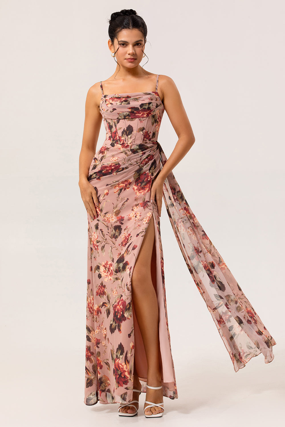 Wedtrend Women Plus Size Dusty Rose Flower Long Bridesmaid Dress with Slit Fitted Corset Ruched Streamer Chiffon Wedding Guest Dress WEDTREND Wedtrend Women Plus Size Dusty Rose Flower Long Bridesmaid Dress with Slit Fitted Corset Ruched Streamer Chiffon Wedding Guest Dress WEDTREND