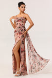 Dusty Rose Flower Fitted Corset Ruched Streamer Chiffon Long Bridesmaid Dress with Slit