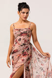 Dusty Rose Flower Fitted Corset Ruched Streamer Chiffon Long Bridesmaid Dress with Slit